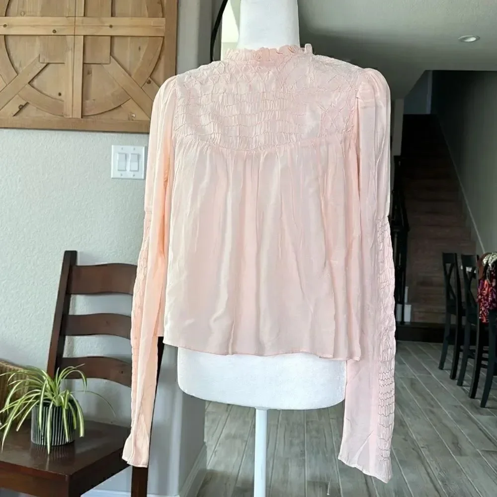 NWOT Free People Smocked In Time Top Ruffled High Neck Long Sleeves XS Feminine